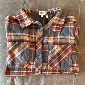 BKE Gray, Rust & Mustard Plaid Button-Down Flannel Shirt